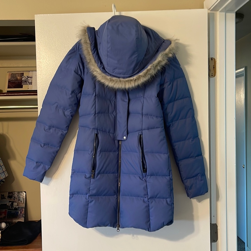 Columbia Down Hooded Long Jacket, Puffer Coat Size XS Powder Blue